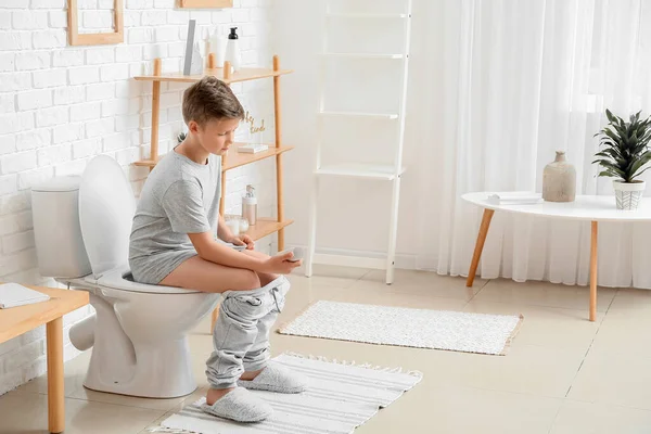 Little Boy Out Toilet Paper Bathroom — Stock Photo, Image