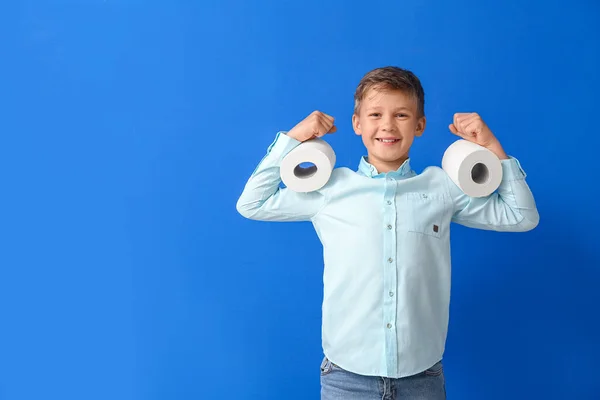 Funny Little Boy Rolls Toilet Paper Blue Background — Stock Photo, Image