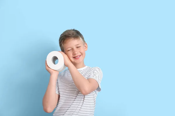 Cute Little Boy Toilet Paper Blue Background — Stock Photo, Image