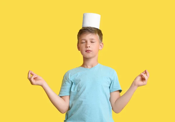 Cute Little Boy Toilet Paper Meditating Yellow Background — Stock Photo, Image