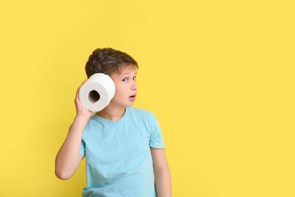 Cute Little Boy Toilet Paper Trying Hear Something Yellow Background — Stock Photo, Image