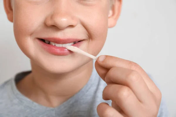 Little Boy Chewing Gum Light Background Closeup — Stock Photo, Image