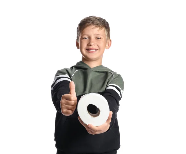 Liten Pojke Med Toalettpapper Visar Tummen Upp Vit Bakgrund — Stockfoto