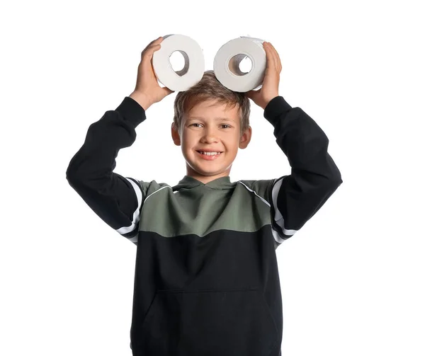 Маленький Мальчик Рулонами Туалетной Бумаги Белом Фоне — стоковое фото