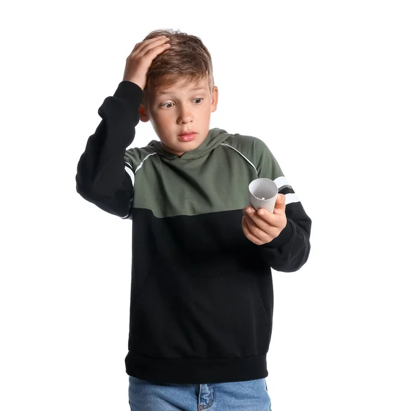 Shocked Little Boy Tube Toilet Paper White Background — Stock Photo, Image