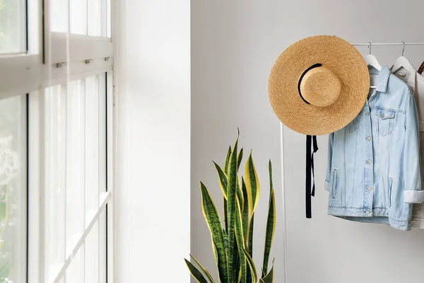 Rack with female clothes and hat near light wall