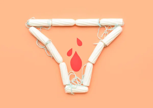 Menstrual Tampons Paper Blood Drops Color Background — Stock Photo, Image