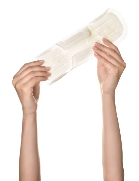 Weibliche Hände Mit Menstruationspolster Auf Weißem Hintergrund — Stockfoto