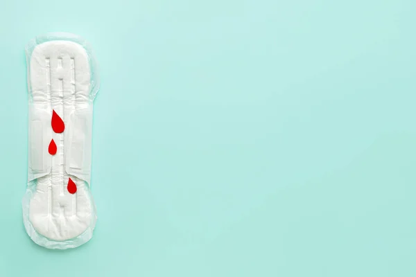 Menstruation Pad Och Papper Blod Droppar Blå Bakgrund — Stockfoto