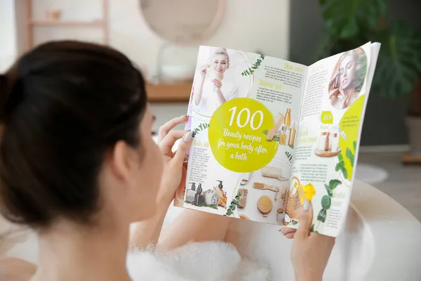 Pretty Young Woman Reading Magazine While Taking Bath Home — Stock Photo, Image