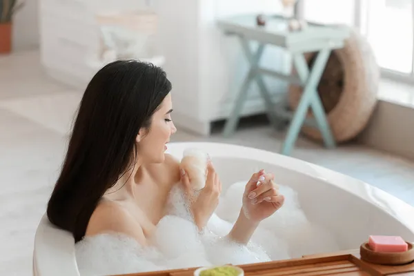 Relaxed Young Woman Taking Bath Loofah Home — Stock Photo, Image