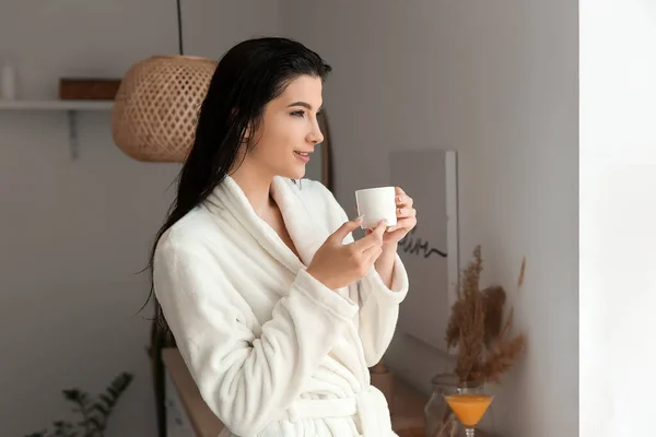 Pretty Young Woman Cup Coffee Taking Bath Home — Stock Photo, Image