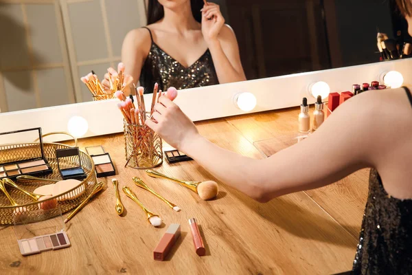 Beautiful Young Woman Taking Makeup Brush Dressing Room Night — Stock Photo, Image