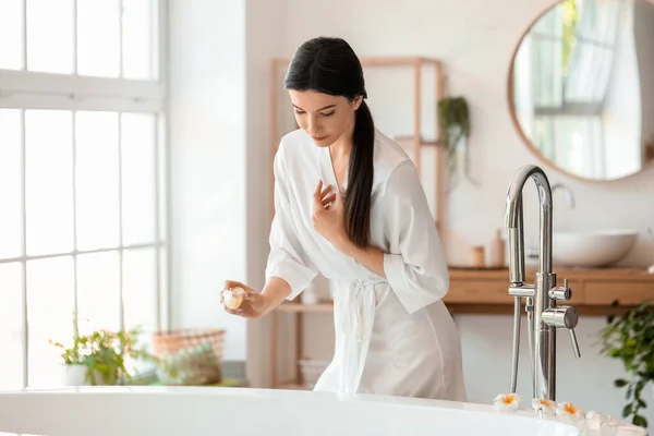 Pretty Young Woman Preparing Relaxing Bath Home — Stock Photo, Image