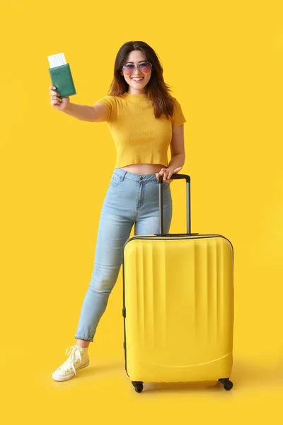 Young Woman Passport Suitcase Color Background — Stock Photo, Image