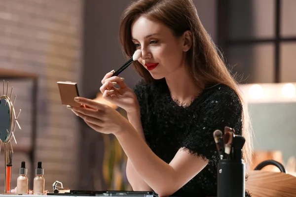 Beautiful Woman Applying Powder Brush Dressing Room Night — Stock Photo, Image