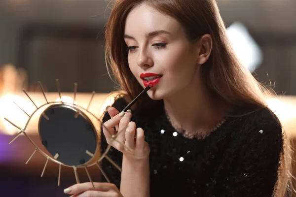 Beautiful Woman Applying Red Lipstick Dressing Room Night Closeup — Stock Photo, Image