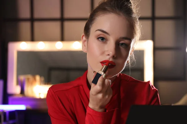 Beautiful Woman Applying Red Lipstick Dressing Room Night — Stock Photo, Image