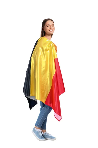 白を背景にベルギーの国旗を持つ若い女性 — ストック写真