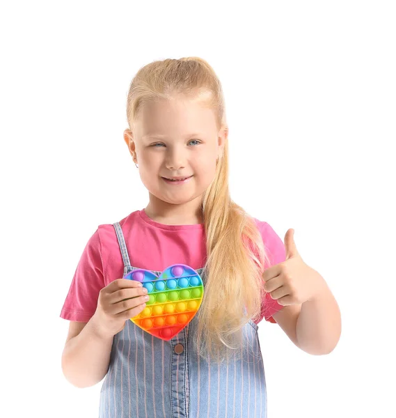 Pretty Girl Holding Pop Fidget Toy Showing Thumb White Background — Stock Photo, Image