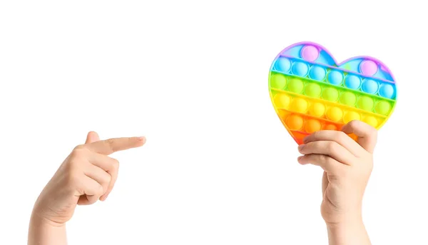 Children Hands Pointing Heart Shaped Pop Fidget Toy White Background — Stock Photo, Image