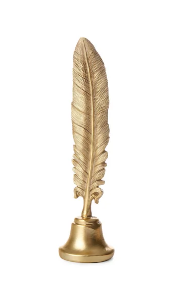Golden Decorative Feather Pen White Background — Stock Photo, Image