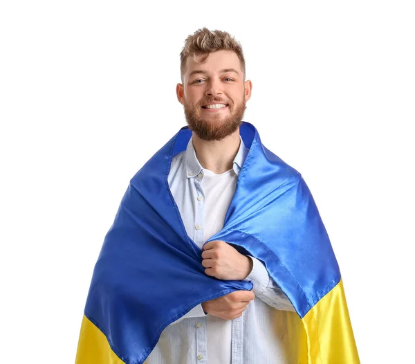 Joyeux Jeune Homme Avec Drapeau Ukrainien Sur Fond Blanc — Photo
