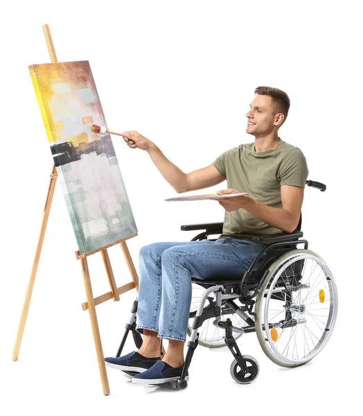 Young Male Artist Wheelchair Painting Picture White Background — Stock Photo, Image