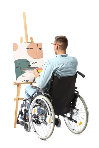 Young Male Artist Wheelchair Painting Picture White Background — Stock Photo, Image