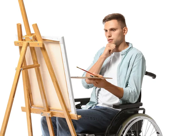 Young Male Artist Wheelchair Painting Picture White Background — Stock Photo, Image