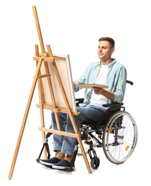 Young Male Artist Wheelchair Painting Picture White Background — Stock Photo, Image