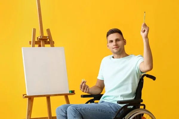 Young Male Artist Wheelchair Painting Picture Color Background — Stock Photo, Image