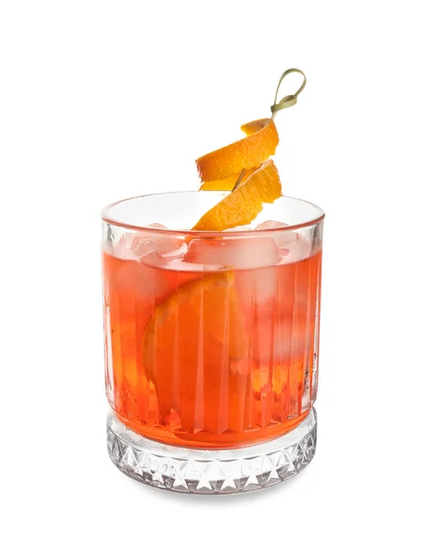Bicchiere Cocktail Negroni Con Buccia Arancia Sfondo Bianco — Foto Stock