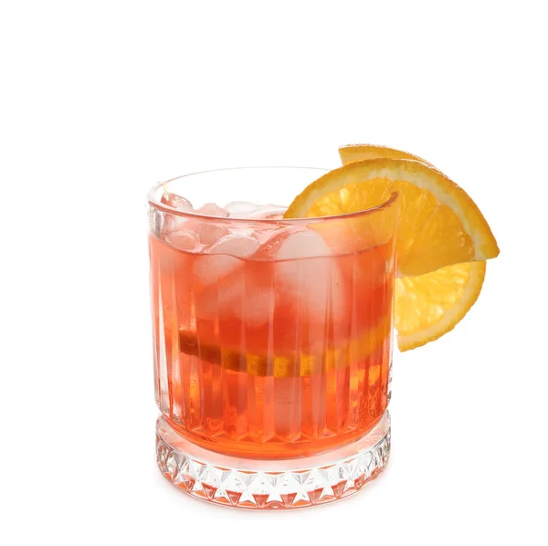 Glas Negroni Cocktail Met Citroenschijfjes Witte Achtergrond — Stockfoto