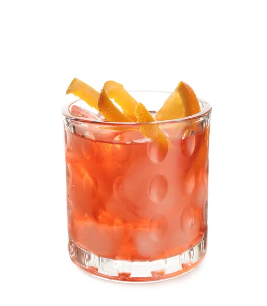 Glas Negroni Cocktail Met Citroenschil Witte Achtergrond — Stockfoto