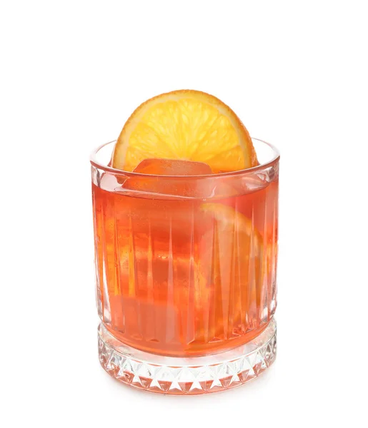 Glas Negroni Cocktail Met Citroenschijfje Witte Achtergrond — Stockfoto