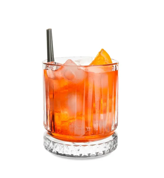 Bicchiere Cocktail Negroni Con Cannucce Fette Limone Fondo Bianco — Foto Stock