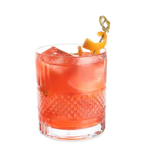 Glas Negroni Cocktail Met Citroenschil Witte Achtergrond — Stockfoto