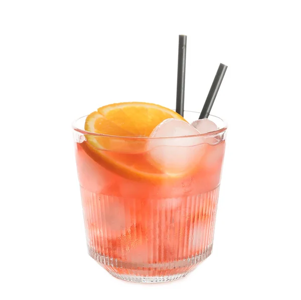 Bicchiere Cocktail Negroni Con Cannucce Fette Limone Fondo Bianco — Foto Stock