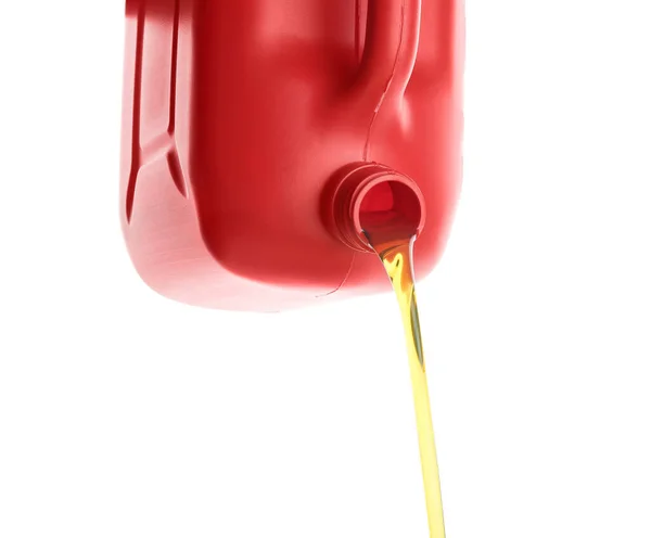 Pouring Motor Oil Canister White Background — Stock Photo, Image
