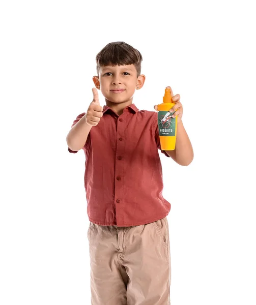 Liten Pojke Med Myggmedel Visar Tummen Upp Vit Bakgrund — Stockfoto