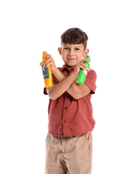Little Boy Mosquito Repellents White Background — Stock Photo, Image