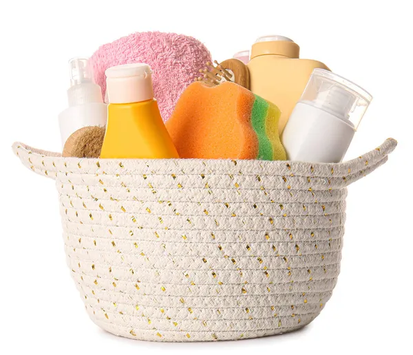 Basket Towel Bath Accessories Sponge White Background — Stock Photo, Image