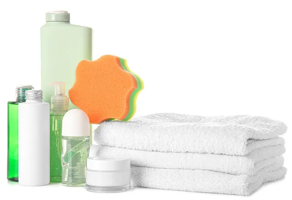 Botellas Productos Cosméticos Tarro Con Crema Facial Esponja Baño Pila —  Fotos de Stock