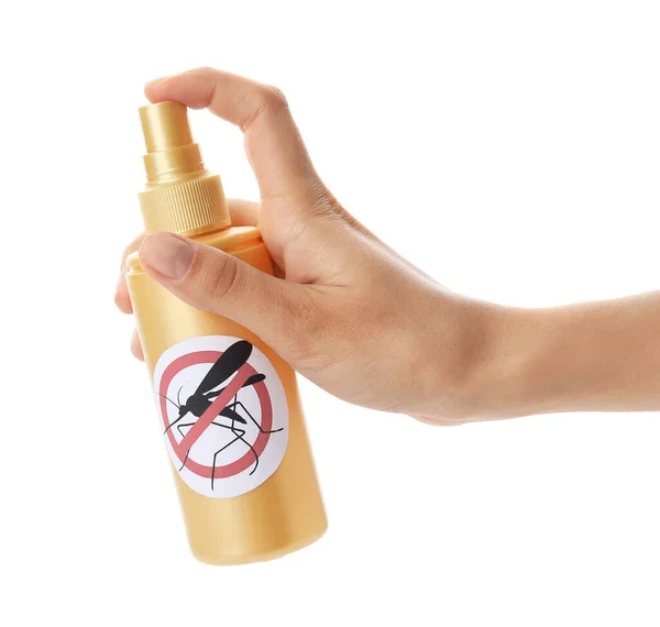 Woman Mosquito Repellent Spray White Background — Stock Photo, Image