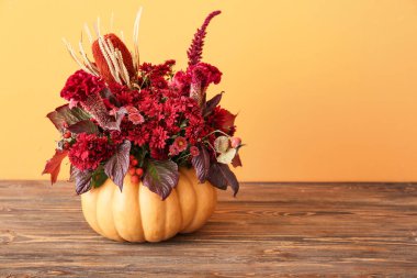 Balkabağında güzel bir sonbahar buketi Masanın üzerinde renk arkaplanına karşı