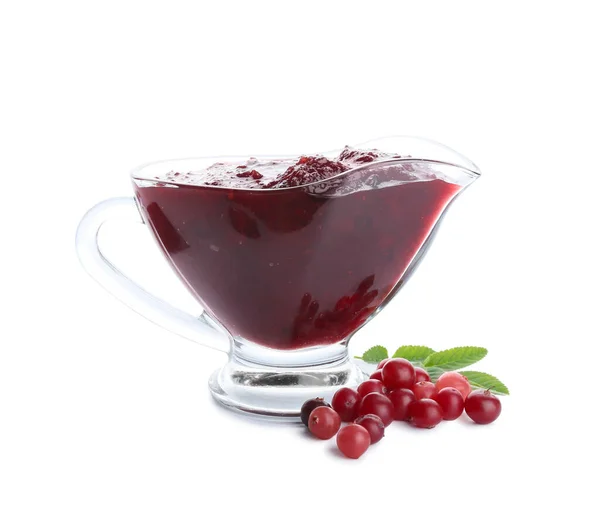 Gravy Boat Tasty Cranberry Jam Fresh Berries White Background — Stock Photo, Image