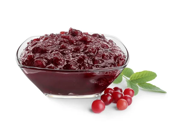 Bowl Tasty Cranberry Jam White Background — Stock Photo, Image