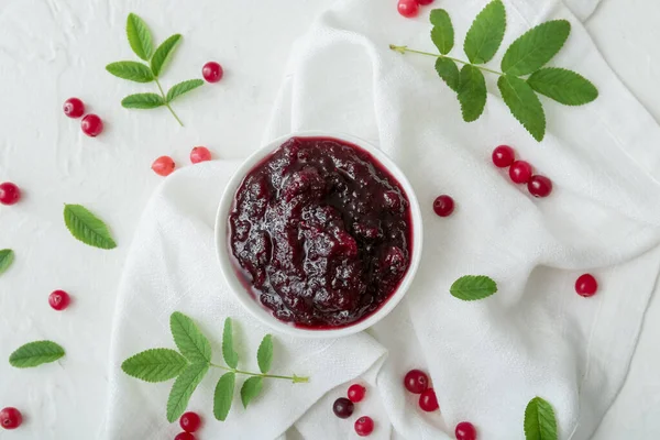 Composition Tasty Cranberry Jam Fresh Berries White Background — Stock Photo, Image