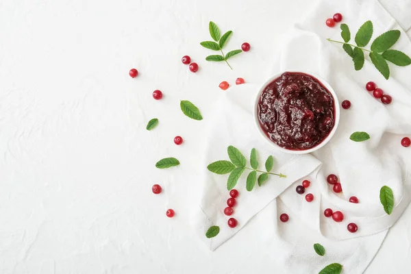 Composition Tasty Cranberry Jam Fresh Berries White Background — Stock Photo, Image
